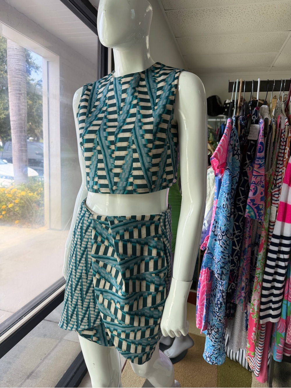 Torn by Ronny Kobo Teal and Cream Striped Crop Top & Skirt Set